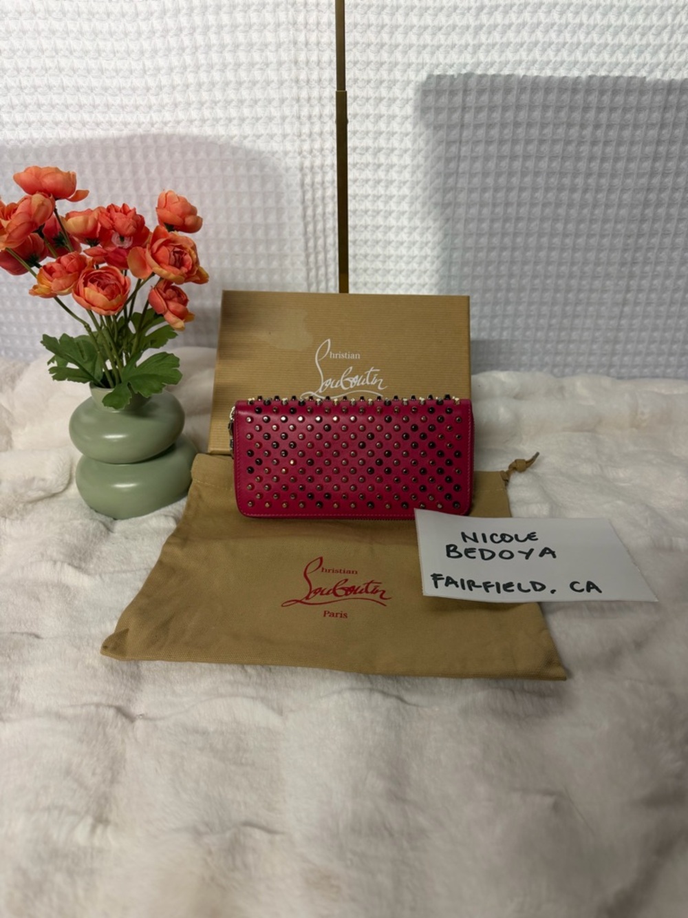 Christian Louboutin Studded Panettone Zip Around Wallet Pink Spiked Leather